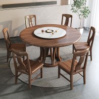 實木餐桌椅組合家用圓桌吃飯桌子圓形飯桌帶轉盤圓桌烏金木圓餐桌