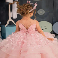 Pink Flower Girl Dress Puffy Sleeveless Fluffy Pretty Princess Dress First Communion Cap Sleeve Child Customize Wedding Party