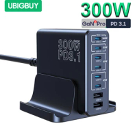 Ubigbuy 300W GaN Charger Desktop Charging Station 140W PD3.1 Fast Charger 100W USB Charger for MacBook Pro iPad iPhone Samsung