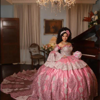 Sweety Pink Mexican Traditional Embroider Ball Gown Quinceanera Dress With Three Quarter Sleeve Sweet 16 Dress Vestido De 15 Año