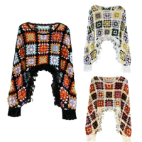 Women Crochet Knit Colorblock Loose Sweater Batwing Sleeve Tassels Hem Crop Top
