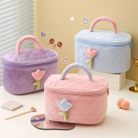 [Ultimate Value]Tulip Flower Makeup Bag Makeup Brush Makeup Storage Bag Corduroy Makeup Bag Large Ca