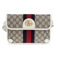 【GUCCI 古馳】674081 經典Ophidia系列GG Supreme帆布印花綠紅綠織背帶手拿/胸腰包(白色)