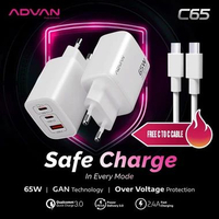 ADVAN Charger C65 Safe Charge GaN Technology 65W PD3.0 QC3.0 Super Fast Charging Laptop HP Tablet Su
