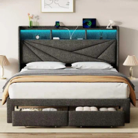 LED Queen Bed Frame, 2 Storage Drawers,Upholstered Bed Frame Queen Size, Headboard and Charging Station, Easy Assembly Bed Frame