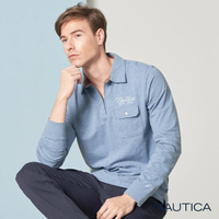 【NAUTICA】素色拼接立領長袖POLO衫(淺藍)