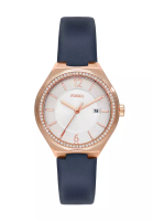 Fossil Fossil Women's Eevie Analog Watch ( BQ3956 ) - Quartz, Rose Gold Case, Round Dial, 8 MM Blue Leather Band