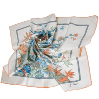 Jim Thompson 100%蠶絲悠然花韻大正方絲巾(米白底/粉橘色邊/88CM)