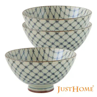 【Just Home】日本製深丸大平飯碗3件組(十字格花紋)實用可微波的飯