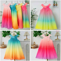 M09 - Đầm cổ yếm maxi dập ly loang màu, đính nơ quá xinh cho bé gái