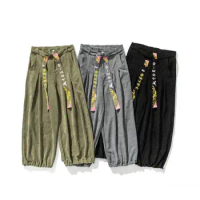 Asian Japanese Style Pants Wide Leg Velvet Men Women Kimono Vintage Loose Casual Bloomers Retro Harem Streetwear Samurai Pants