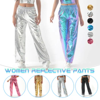Women Shiny Straight Leg Pants Casual Reflective Holographic Disco Pants Bottoms Elastic Waist Metallic Shiny Jogger Clubwear
