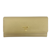 【二手名牌BRAND OFF】PRADA 普拉達 沙色 牛皮 Saffiano 長夾 1M1132
