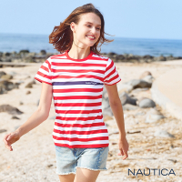 Nautica女裝 修身撞色條紋短袖T恤-紅