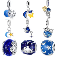925 Sterling Silver Moon Star Plane Space Blue series Charm Fit Original Pandora Bracelet Bangle Jewelry Gift