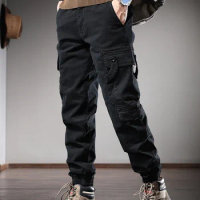 Autumn Men's Tactical Cargo Pants Casual Pencil Pants Streetwear Black Cotton Slim Fit Trousers