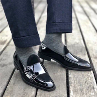 SHOOEGLE Fashion Patent Leather Vintage Style Men Casual Shoes Double Monk Strap Buckle Loafers Wedding High Quality Dress Shoes