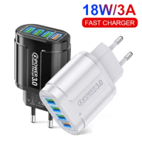 48W 4 Ports USB Charger Fast Charging QC 3.0 Travel Charger For iPhone 14 Samsung Xiaomi Huawei Mobile Phone Adapter EU/US Plug