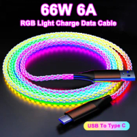 66W 6A RGB Gradient Light USB to Type C/Lightning Fast Charge Data Cord For Samsung Xiaomi For iphone 14 iPad Macbook USB C Line