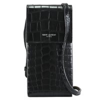 YSL Saint Laurent 簡約燙銀LOGO鱷魚壓紋牛皮斜背手機包/隨身小包(黑)