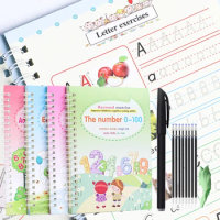 4 Books English Copybook Pen Magic Copy Book Auto Disappear Ink Children Writing Sticker Practice for Kids Enlightenment Gift