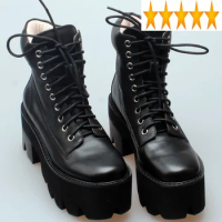 Thick Winter Lining Women Fleece Platform Ankle Casual Block High Heels Riding Safety Shoes Lace Up Genuine Leather Boots