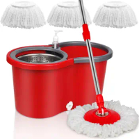 Spin Mop and Bucket, Microfiber Spin Mop &amp; Bucket Floor Cleaning System with 3 Mop Heads Wringer Set, Red &amp; Gray