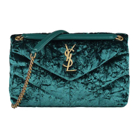【YSL】YSL SAINT LAURENT PUFFER LOGO釦式V字紋絎縫絨布肩背斜背包(綠頭鴨綠)