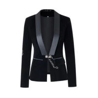 Tesco Women Velvet Blazer Suit Black Royal Blue Slim Fit Jacket Senior Vintage Shawl Collar Female Tops Formal Coat For Wedding