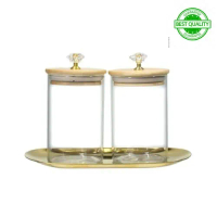 1Set 2pcs Stoples Kaca Jar Glass Hiacint+Tatakan Nampan 450ml _ Gold (Best Quality)