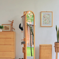 Uwitan Ona Putar Standing Mirror – Cermin Full Body Aesthetic Kayu Pinus Solid Dengan Lemari Penyimp