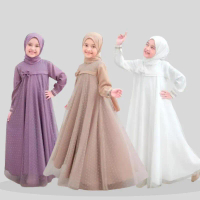 Gamis Anak Perempuan Airflow Crinkle Bunga Pesta Mewah Lilac Renda Putih Pita Dress