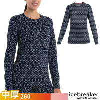 【Icebreaker】100% 美麗諾羊毛 女 Vertex 保暖圓領長袖上衣(雪花彩繪)-BF260.T恤_IB0A56V2-259 海軍藍/白