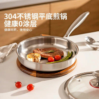 Non-coated stainless steel non-stick pan for household use, flat-bottomed pan for frying steak and e