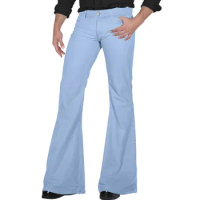 Men'S Retro Disco Flared Pants Solid Color Stretch Vintage Flared Trousers Comfortable Low Waist Stretch Twill Party Trousers