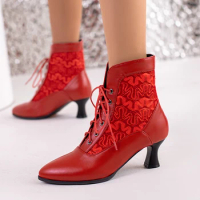 Sexy Lace Ankle Boots Women Shoes New 2023 Lace-up Red Black White Heels Short Boot Dance Party Wedding Shoes Lady Large Size 48