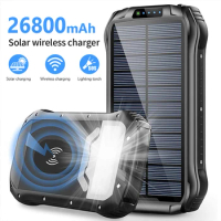 26800mAh Solar Power Bank Qi Wireless Charger Powerbank for iPhone 13 X Samsung S22 Huawei Xiaomi Type C Fast Charging Poverbank