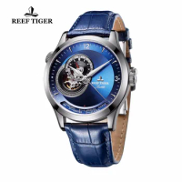 Reef Tiger/RT Designer Casual Watches Blue Dial Stainless Steel Automatic Watch Genuine Leather Strap RGA1693