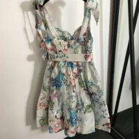 2024 Spring/Summer European New Big Flower Strap Hanging Strap Flower Bud Short Skirt Imitation Linen Sleeveless Dress Short Ski