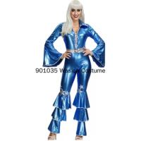 Halloween Carnival Party 60's 70's Disco Blue Jumpsuit Costume Beer Bar Singer performance Patent leather Blue Fancy Dress