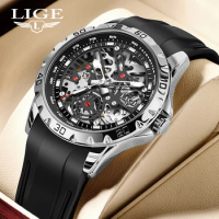 LIGE Fashion Casual Automatic Watch for Men Silicone Strap Sport Mechanical Man Watch Waterproof Tourbillon Clock Luminous Reloj