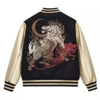 Gold Sleeve Men's Sukajan Souvenir Jacket Kylin Watching the Moon Embroidered Loose Coats Hip Hop Streetwear High Street Fashion