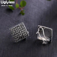 Uglyless 2sizes Vintage Square Marcasite Studs Earrings for Women Rhombus Earrings Thai Silver Brincos 925 Silver Jewelry E1428