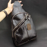 Men's Genuine Leather Travel Backpacks Biker Shoulder Brown Chest Bag Free shippng