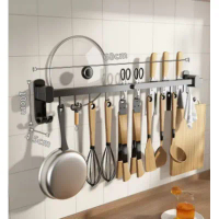 廚房用品多功能置物掛架(黑色60cm10鈎可放鍋蓋)(尺寸:60*10*4.5CM)