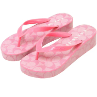 【COACH】粉色滿版LOGO厚底橡膠夾腳涼拖鞋