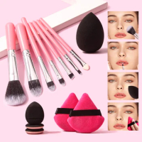 13pcs Soft Bristle Mini Makeup Brush Set &amp; 6pcs Powder Puff Beauty Blender