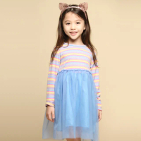 【Azio Kids 美國派】女童 洋裝 彩色坑條網紗長袖洋裝(藍)