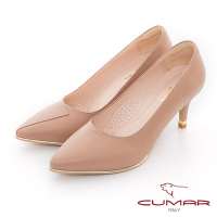 【CUMAR】拼接鞋面簡約金屬沿條裝飾高跟鞋-杏色
