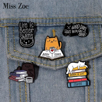 This Is Life Enamel Pins Custom Cats Books Coffee Brooches Lapel Badges Animal Pet Reading Jewelry Gift for Kids Friends